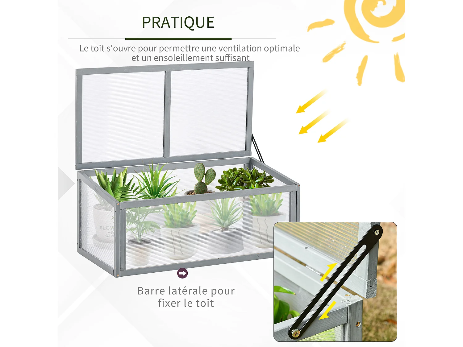 Mini serre de jardin serre à tomates dim. 90L x 46l x 40H cm toit ouvrable panneaux de polycarbonate bois sapin pré-huilé gris