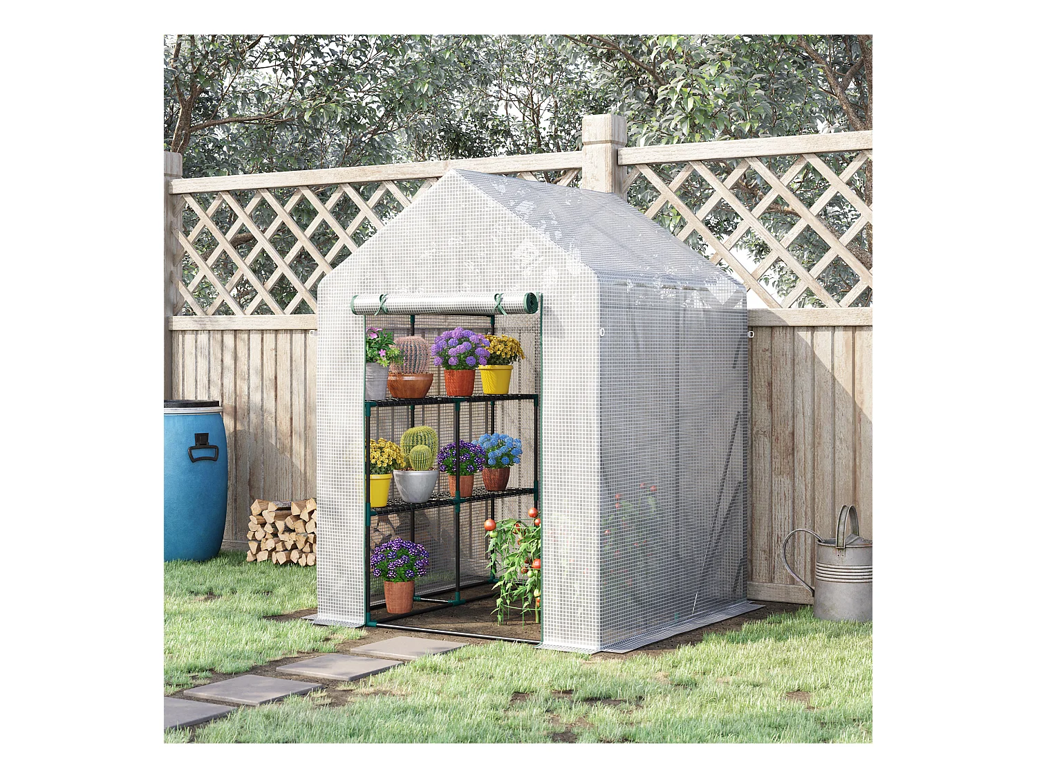 Serre de jardin 2 tablettes dim. 1,43L x 1,43l x 1,95H m porte déroulante acier PE haute densité 140 g/m² transparent blanc