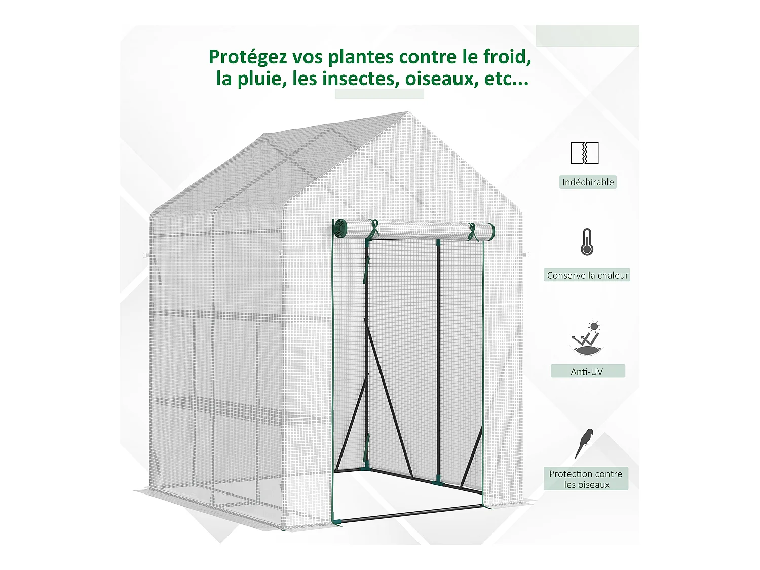Serre de jardin 2 tablettes dim. 1,43L x 1,43l x 1,95H m porte déroulante acier PE haute densité 140 g/m² transparent blanc