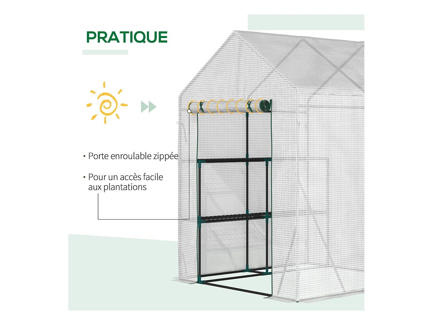 Serre de jardin 2 tablettes dim. 1,43L x 1,43l x 1,95H m porte déroulante acier PE haute densité 140 g/m² transparent blanc