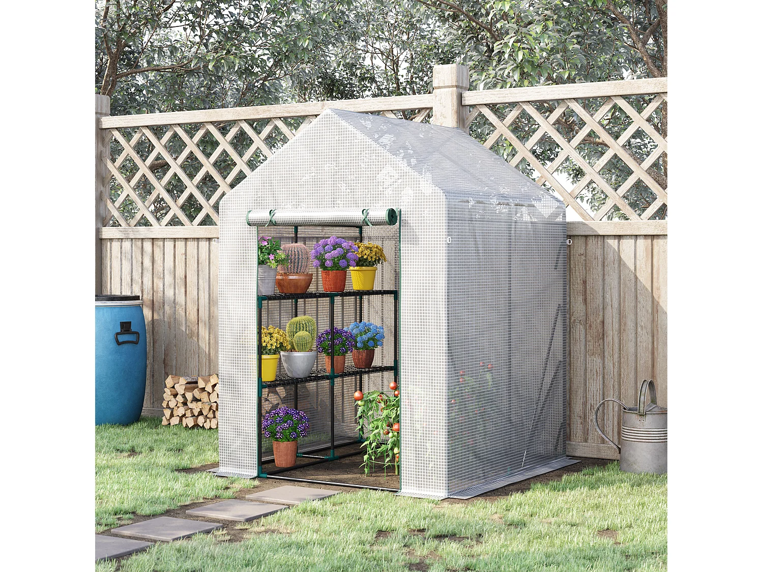 Serre de jardin 2 tablettes dim. 1,43L x 1,43l x 1,95H m porte déroulante acier PE haute densité 140 g/m² transparent blanc