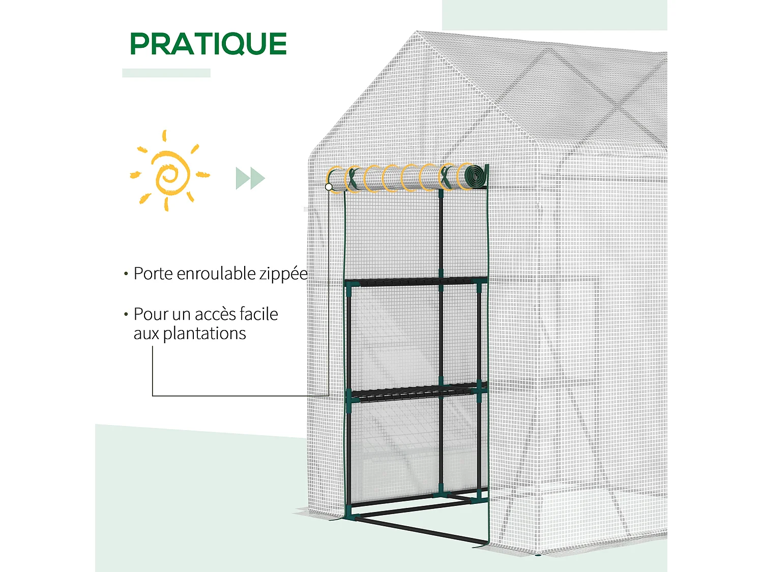 Serre de jardin 2 tablettes dim. 1,43L x 1,43l x 1,95H m porte déroulante acier PE haute densité 140 g/m² transparent blanc