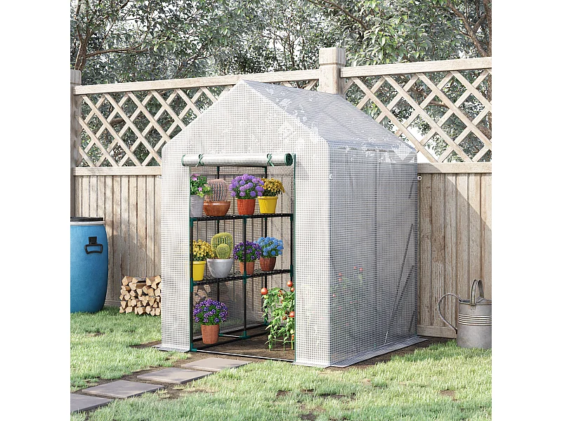 Serre de jardin 2 tablettes dim. 1,43L x 1,43l x 1,95H m porte déroulante acier PE haute densité 140 g/m² transparent blanc