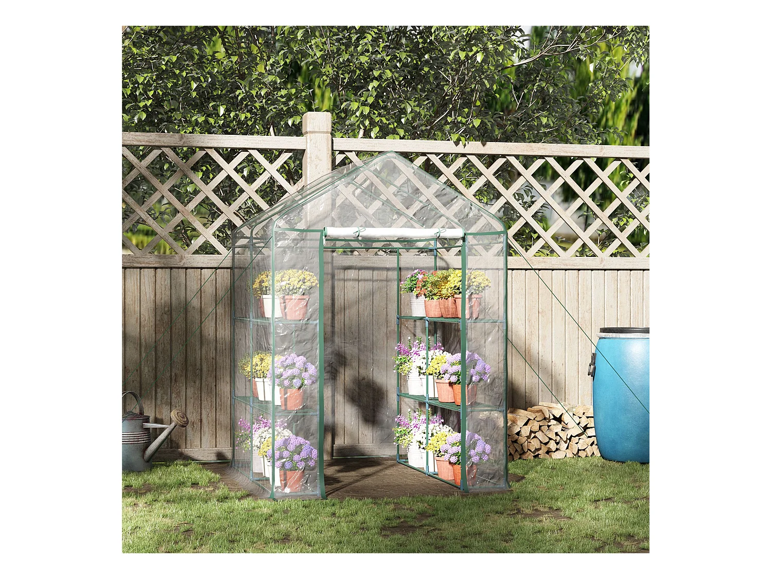 Serre de jardin balcon terrasse 4 étagères 143L x 143l x 195H cm acier PVC imperméable anti-UV transparent vert