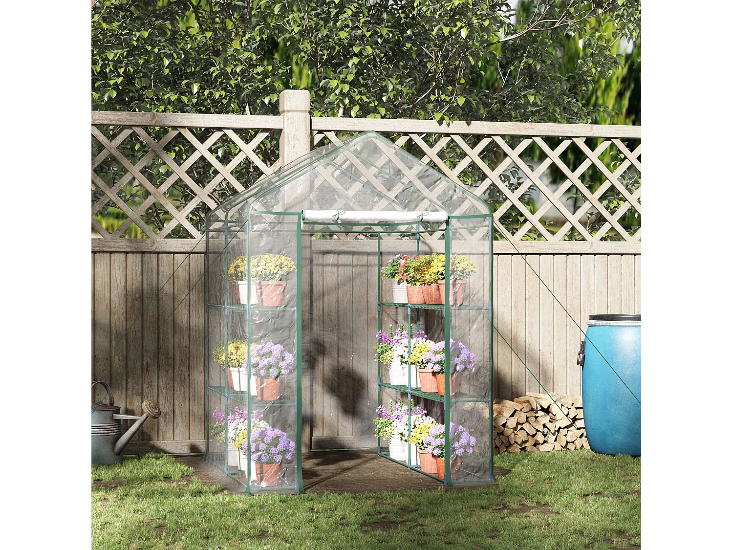Serre de jardin balcon terrasse 4 étagères 143L x 143l x 195H cm acier PVC imperméable anti-UV transparent vert