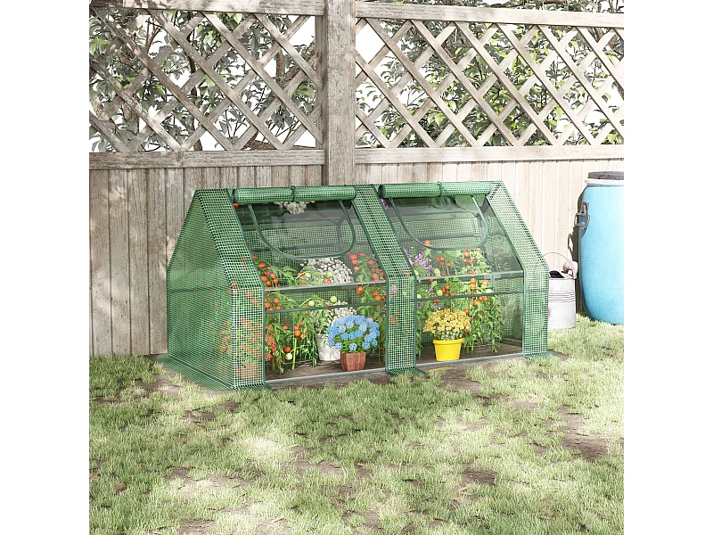 Mini serre de jardin serre à tomates double bâche 180L x 90l x 90H cm acier PE PVC 2 fenêtres avec zip enroulables vert