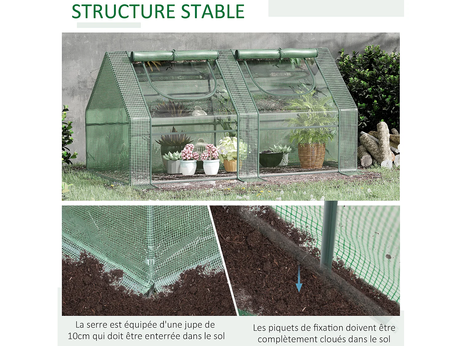 Mini serre de jardin serre à tomates double bâche 180L x 90l x 90H cm acier PE PVC 2 fenêtres avec zip enroulables vert