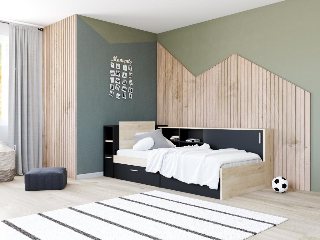 Bett mit Stauraum + Lattenrost - 90 x 190/200 cm - Schwarz & Holzfarben - L günstig online kaufen