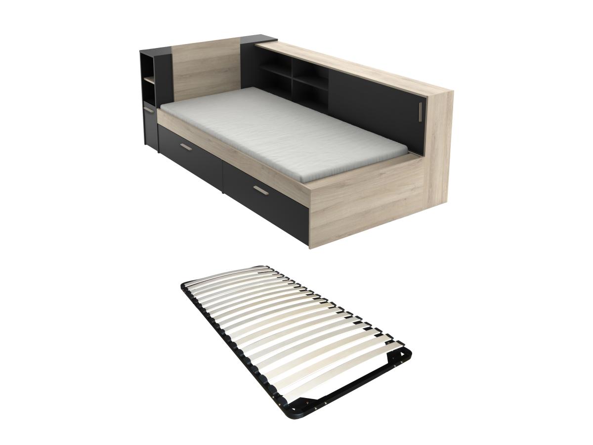 Bett mit Stauraum + Lattenrost - 90 x 190/200 cm - Schwarz & Holzfarben - L günstig online kaufen