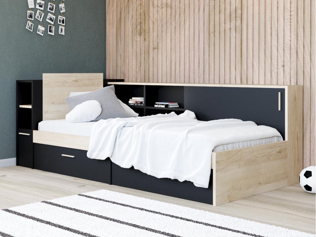 Bett mit Stauraum + Lattenrost - 90 x 190/200 cm - Schwarz & Holzfarben - LIARA