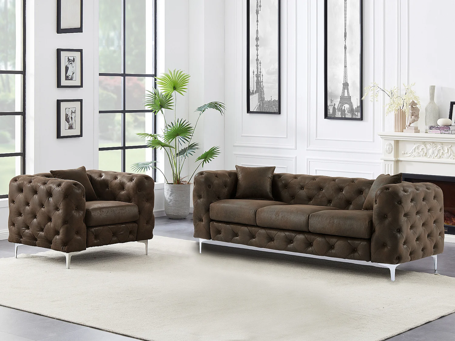 Canapé 3 places et fauteuil chesterfield en microfibre aspect cuir vieilli EDWINA