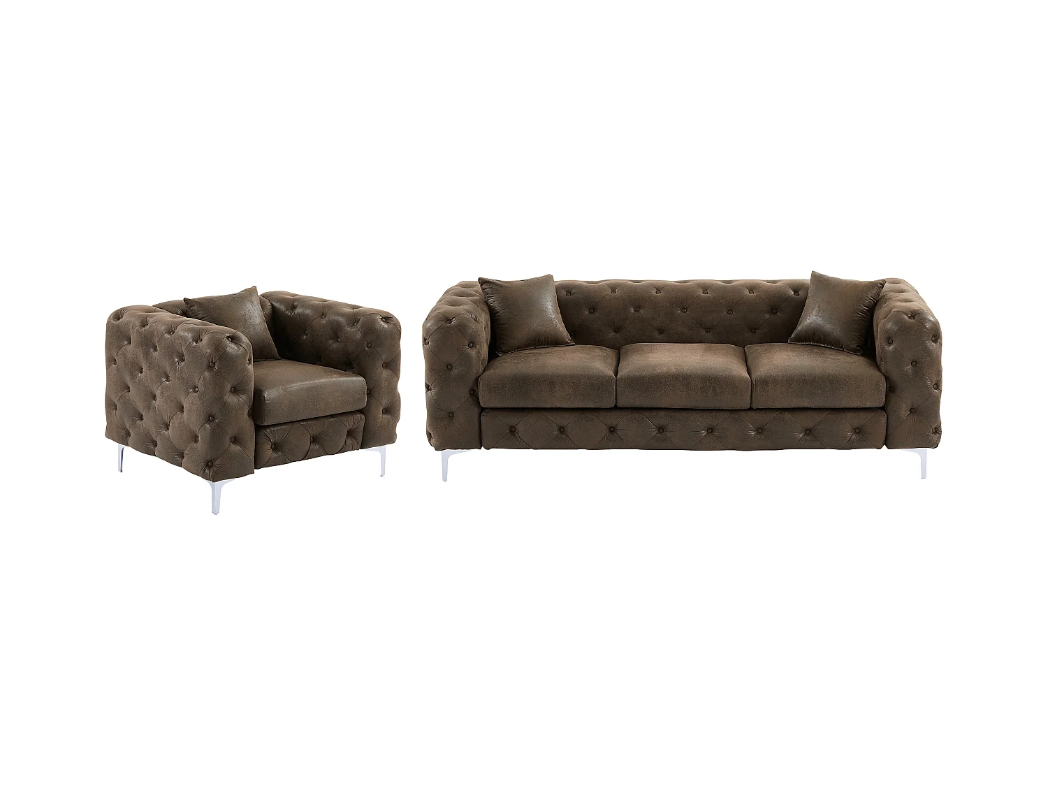 Driezits-Chesterfieldbank en -fauteuil van microvezel met verouderd leereffect EDWINA