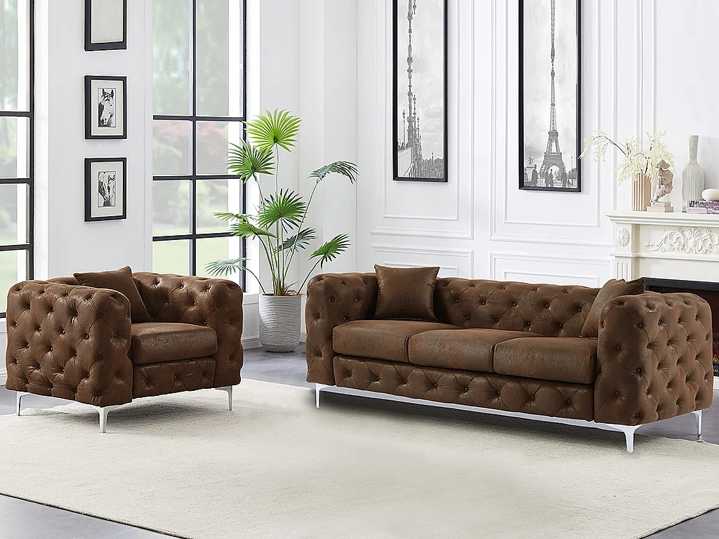 Canapé 3 places et fauteuil chesterfield en microfibre aspect cuir vieilli EDWINA