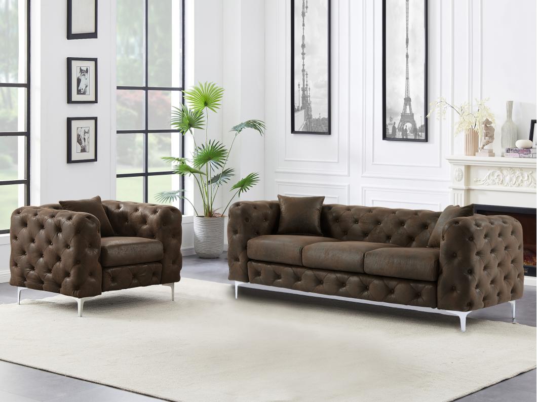Canapé 3 places et fauteuil chesterfield en microfibre aspect cuir vieilli EDWINA