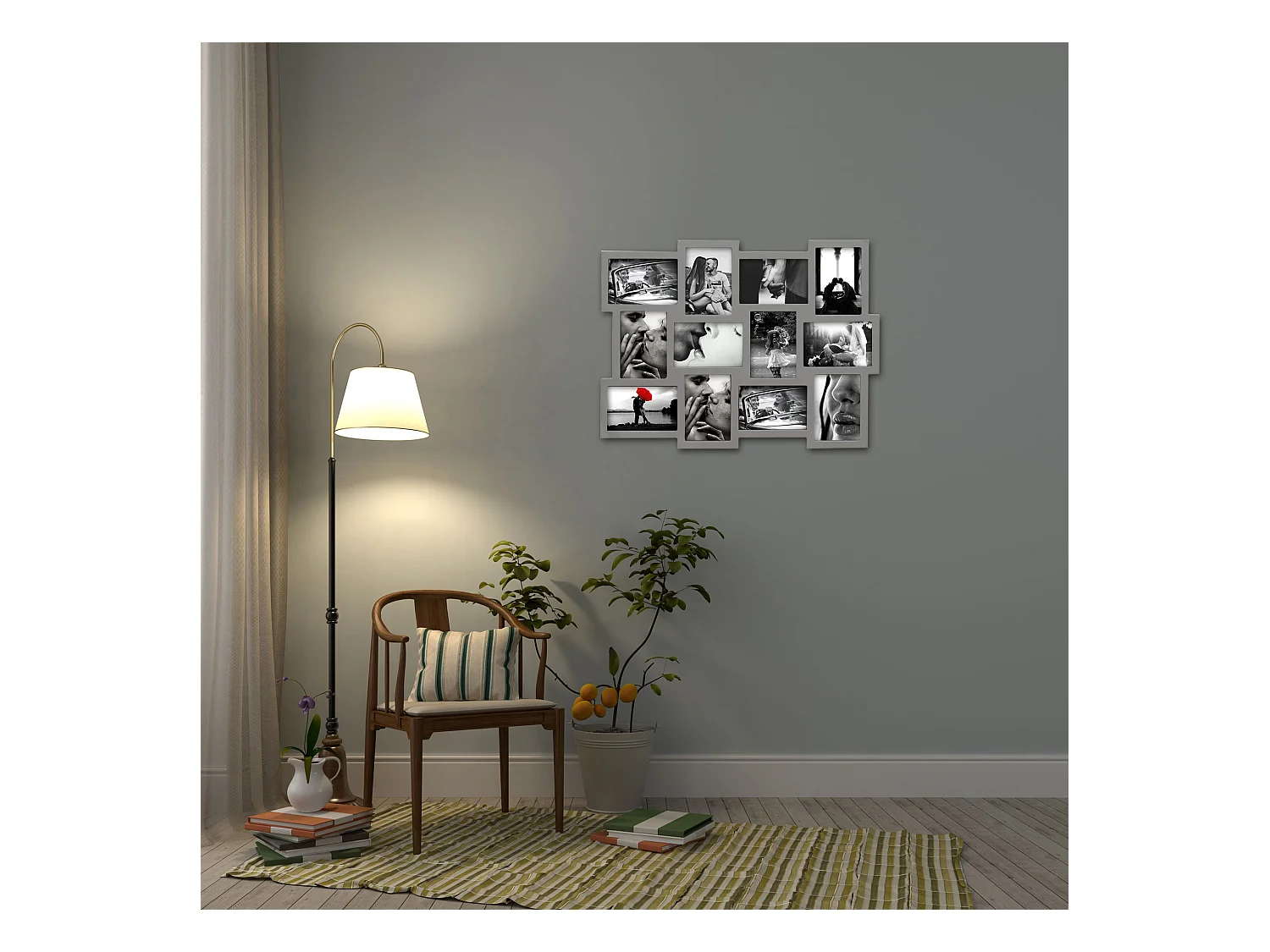Cadre Photo Pêle-mêle 12 Photos Bois Argent Vintage 47x60x1,2
