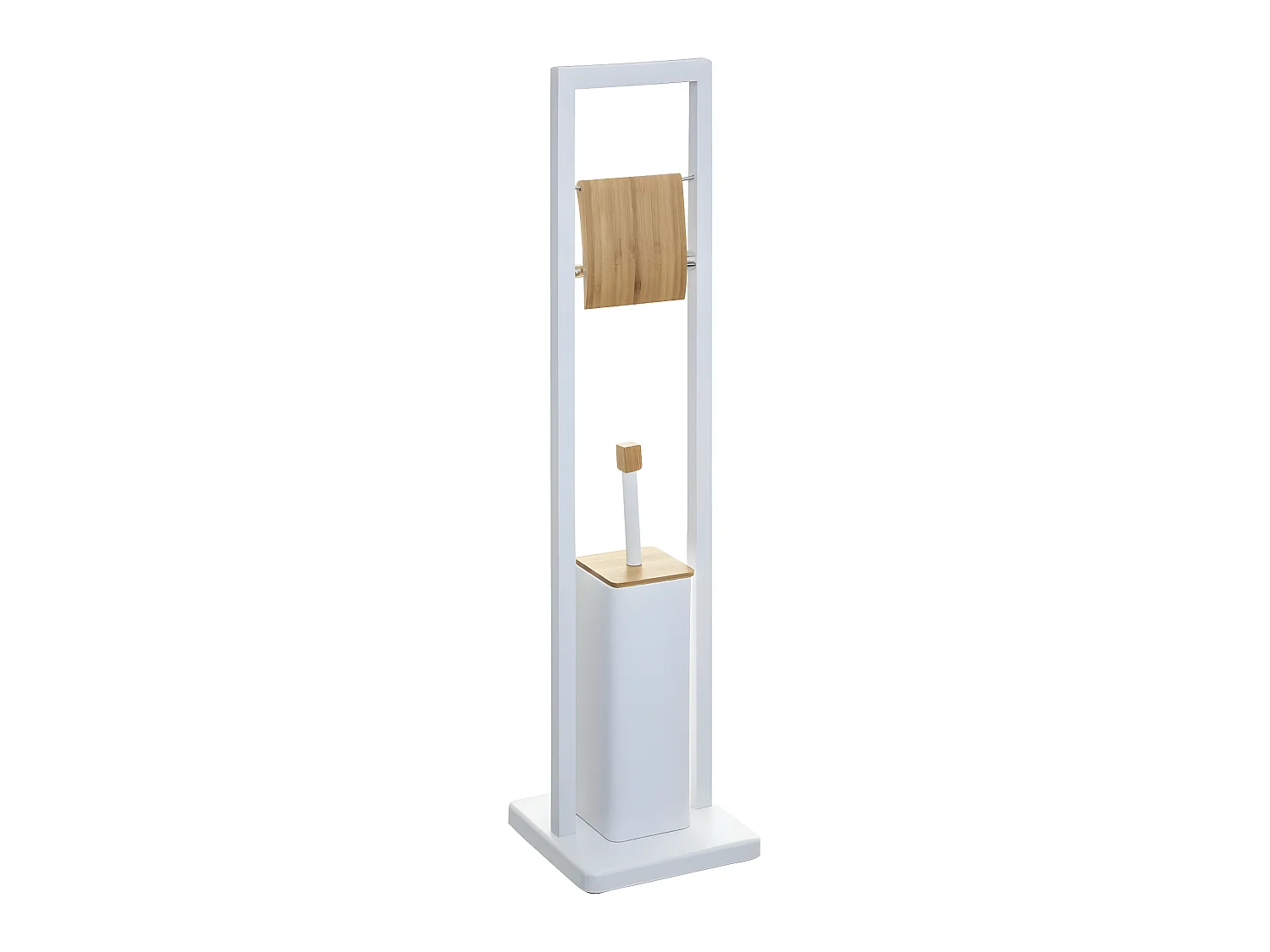 Brosse WC et Dérouleur Papier toilette en Bambou et métal Blanc H 80 cm