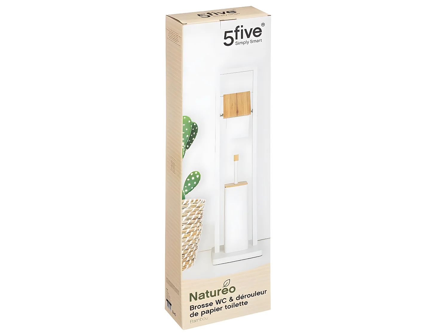 Brosse WC et Dérouleur Papier toilette en Bambou et métal Blanc H 80 cm