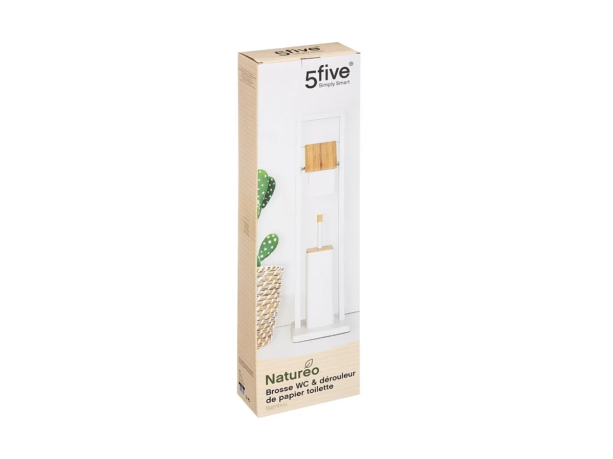 Brosse WC et Dérouleur Papier toilette en Bambou et métal Blanc H 80 cm