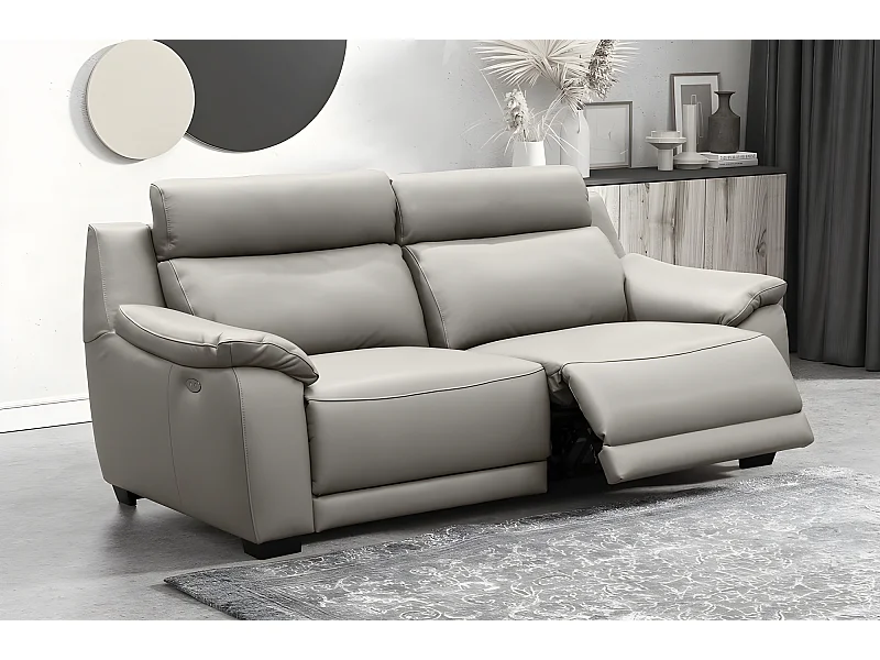 Canapé 3 places avec 2 relax en 100% tout cuir épais luxe italien  - 2 relax électriques,  gris clair. BERN