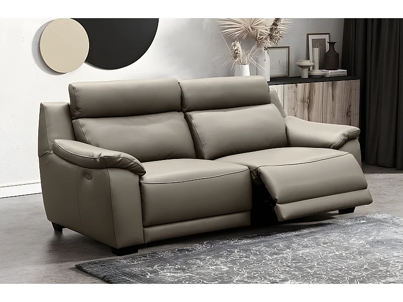 3-zitsbank van dik luxe Italiaans leer met 2 elektrische relaxen in taupe