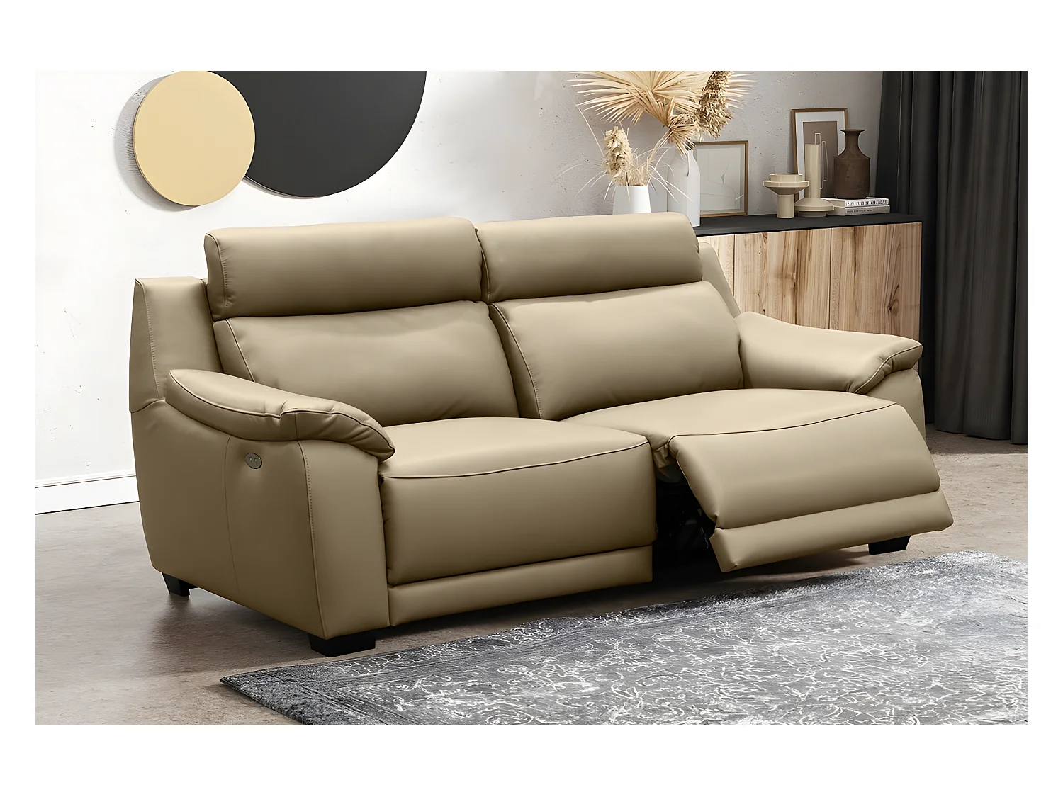 Canapé 3 places avec 2 relax en 100% tout cuir épais luxe italien  - 2 relax électriques,  beige. BERN