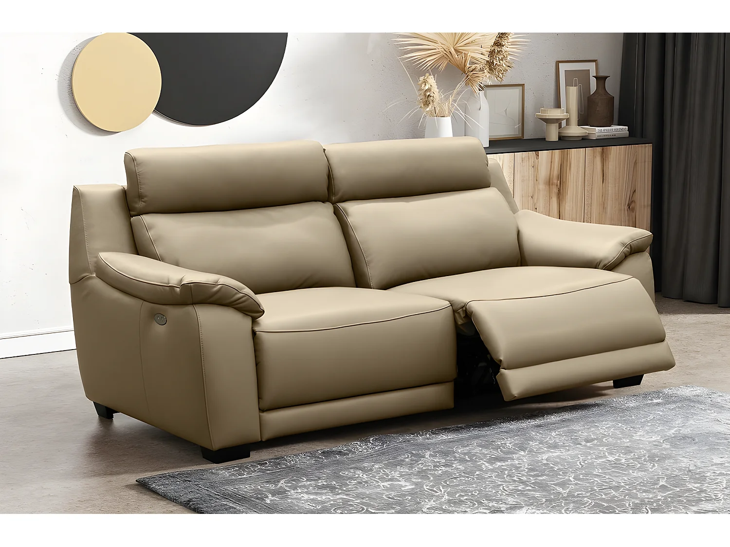 Canapé 3 places avec 2 relax en 100% tout cuir épais luxe italien  - 2 relax électriques,  beige. BERN