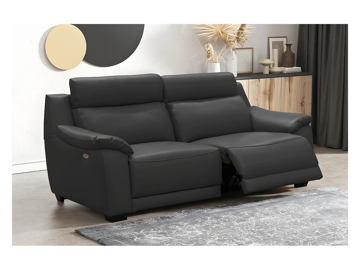 Canapé 3 places avec 2 relax en 100% tout cuir épais luxe italien  - 2 relax électriques,  noir- BERN