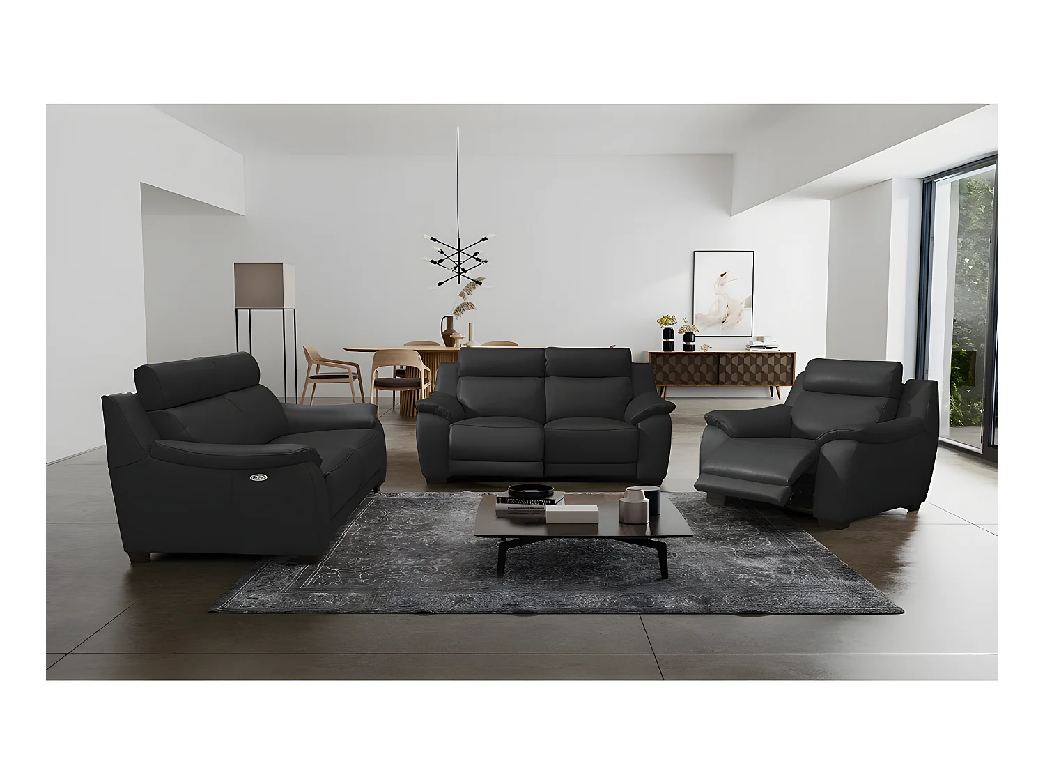 Canapé 3 places avec 2 relax en 100% tout cuir épais luxe italien  - 2 relax électriques,  noir- BERN