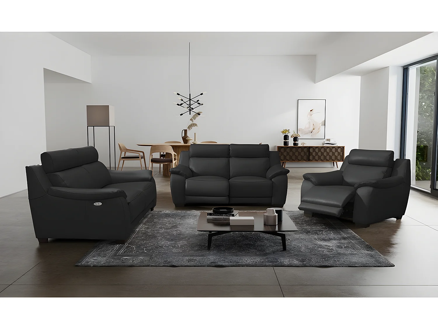 Canapé 3 places avec 2 relax en 100% tout cuir épais luxe italien  - 2 relax électriques,  noir- BERN