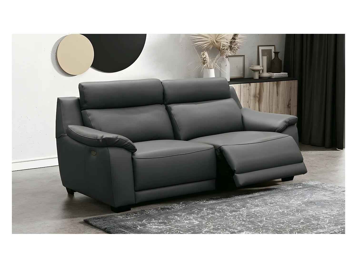 Canapé 3 places avec 2 relax en 100% tout cuir épais luxe italien  - 2 relax électriques, anthracite. BERN