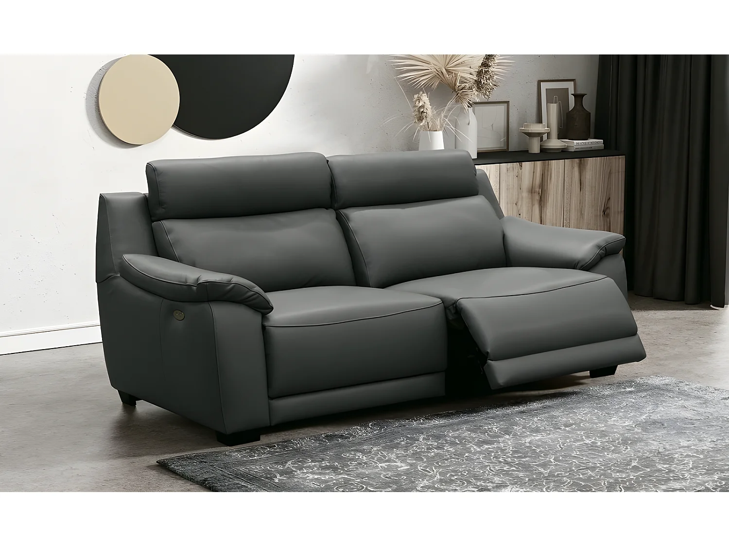 Canapé 3 places avec 2 relax en 100% tout cuir épais luxe italien  - 2 relax électriques, anthracite. BERN