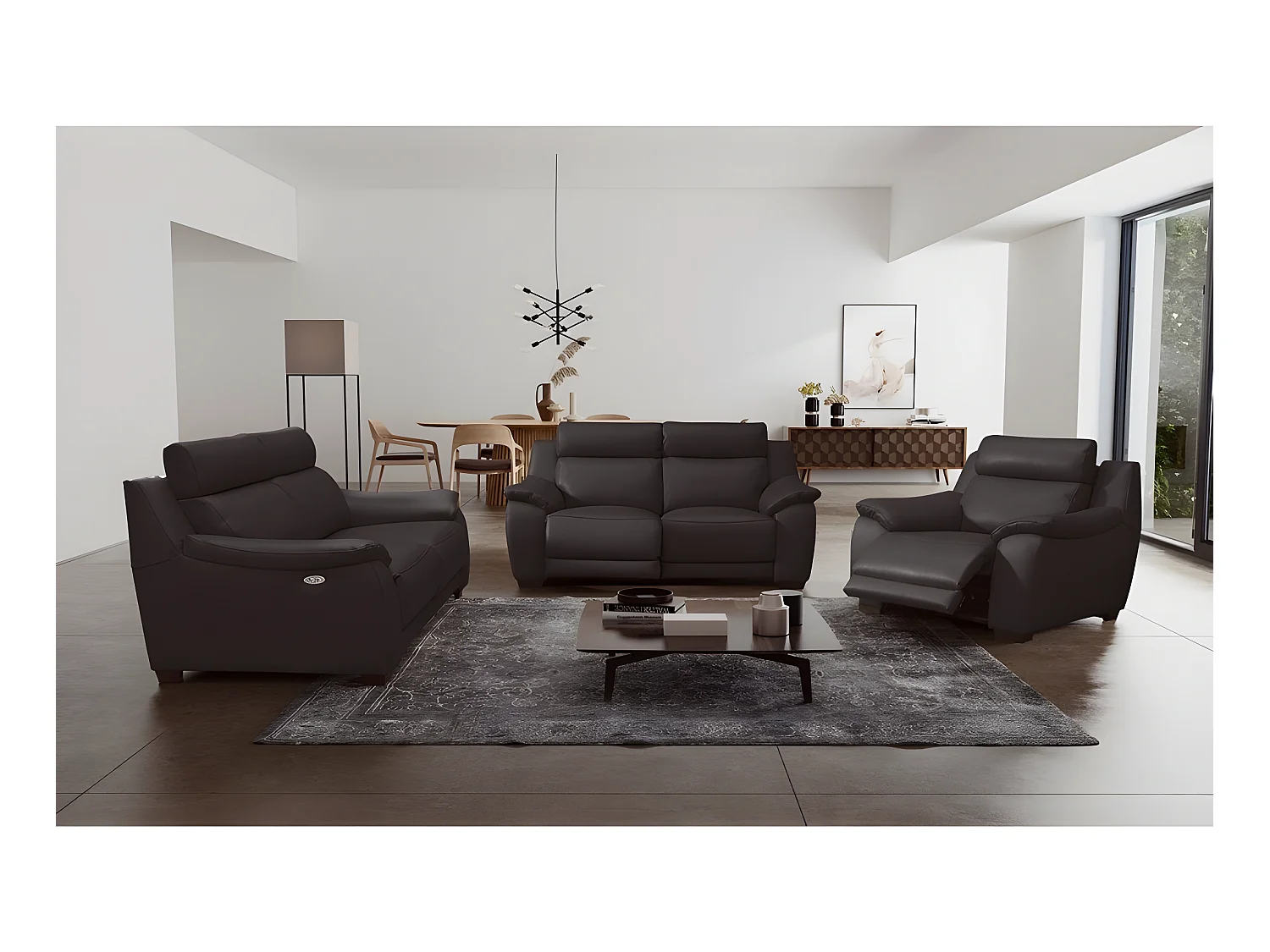 Canapé 3 places avec 2 relax en 100% tout cuir épais luxe italien  - 2 relax électriques, chocolat CLAIR. BERN