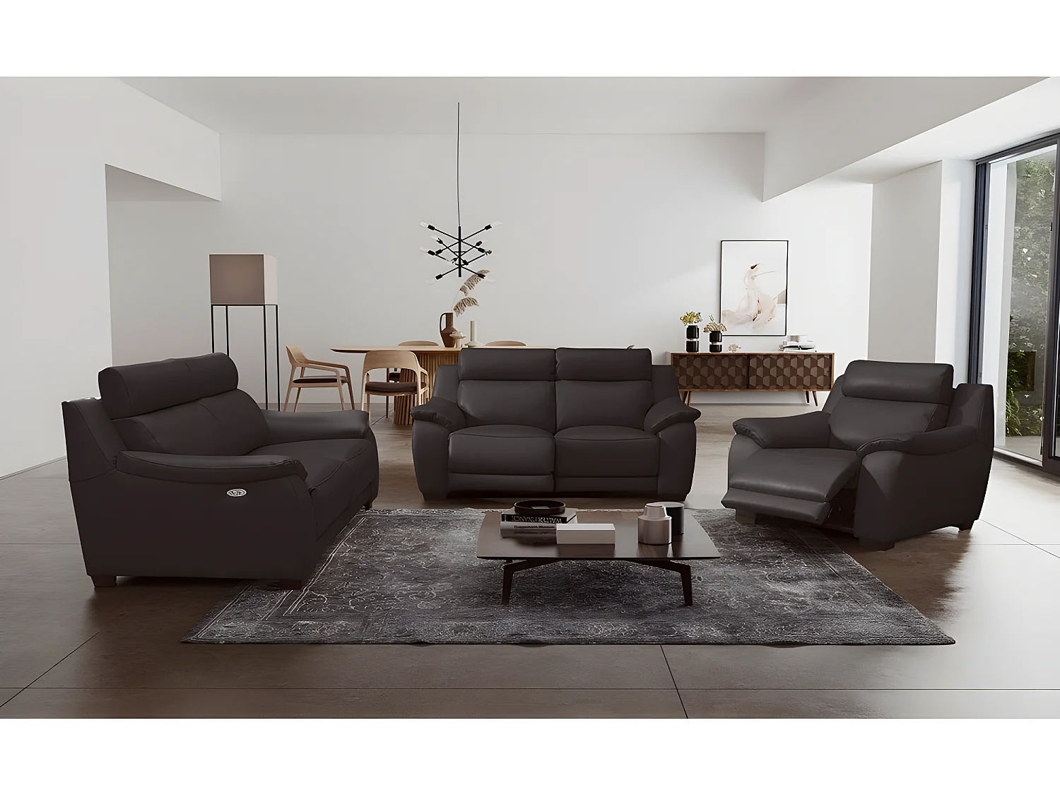 Driezitsbank van dik Italiaans leer met 2 elektrische relaxen - Lichtbruin chocolade