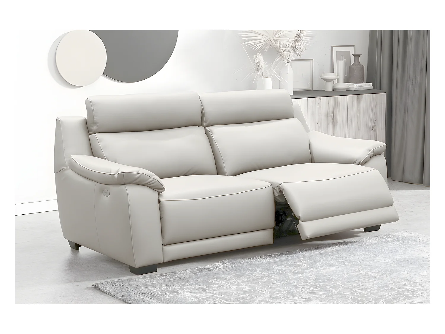 3-zitsbank met 2 elektrische relaxfauteuils van dik Italiaans luxe leder in gebroken wit