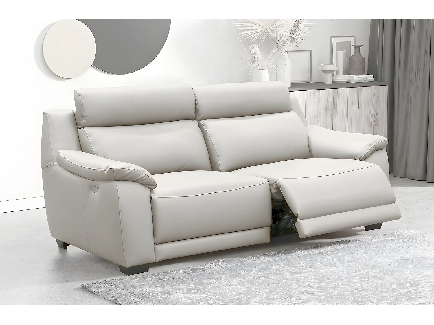 Canapé 3 places avec 2 relax en 100% tout cuir épais luxe italien  - 2 relax électriques, blanc cassé. BERN