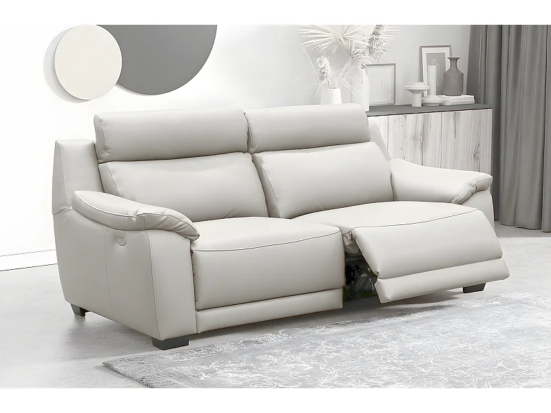 3-zitsbank met 2 elektrische relaxfauteuils van dik Italiaans luxe leder in gebroken wit