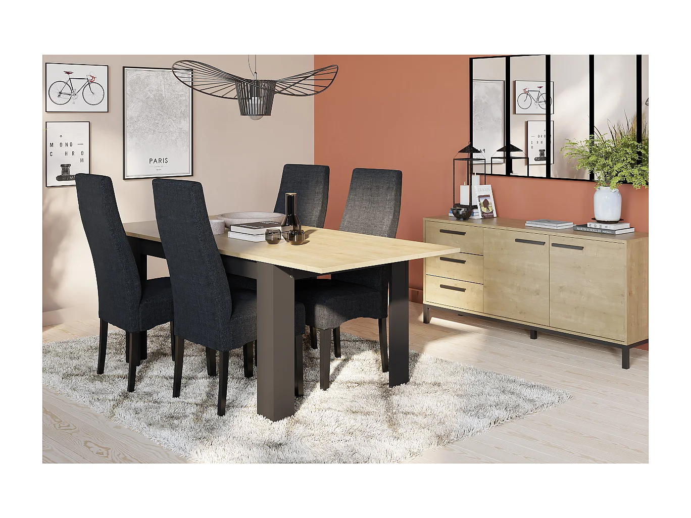 Table extensible de 160 à 200 cm décor chêne hamilton et noir mat - CRAFT