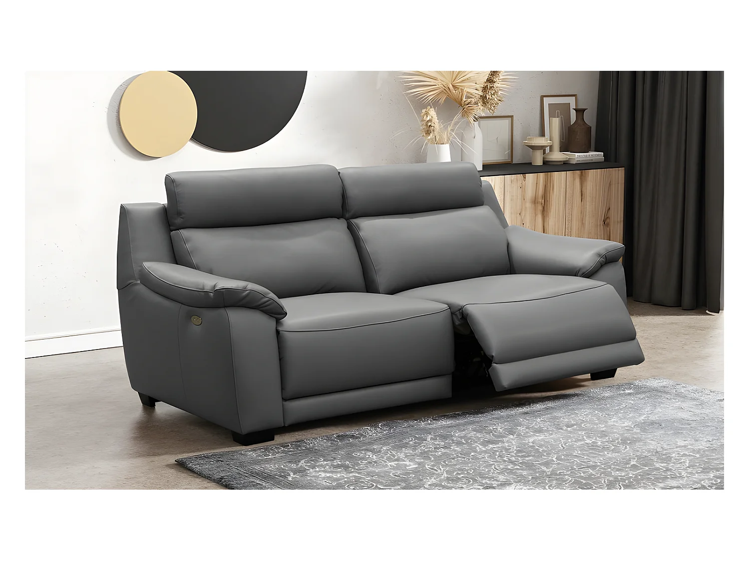 Canapé 3 places avec 2 relax en 100% tout cuir épais luxe italien  - 2 relax électriques,  gris foncé- BERN