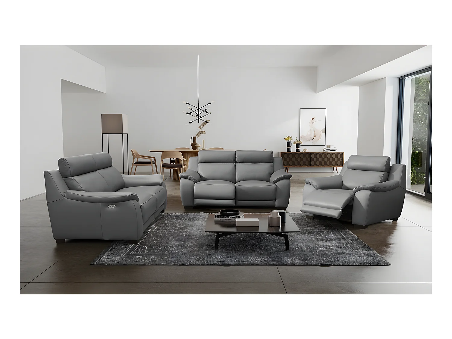 Canapé 3 places avec 2 relax en 100% tout cuir épais luxe italien  - 2 relax électriques,  gris foncé- BERN