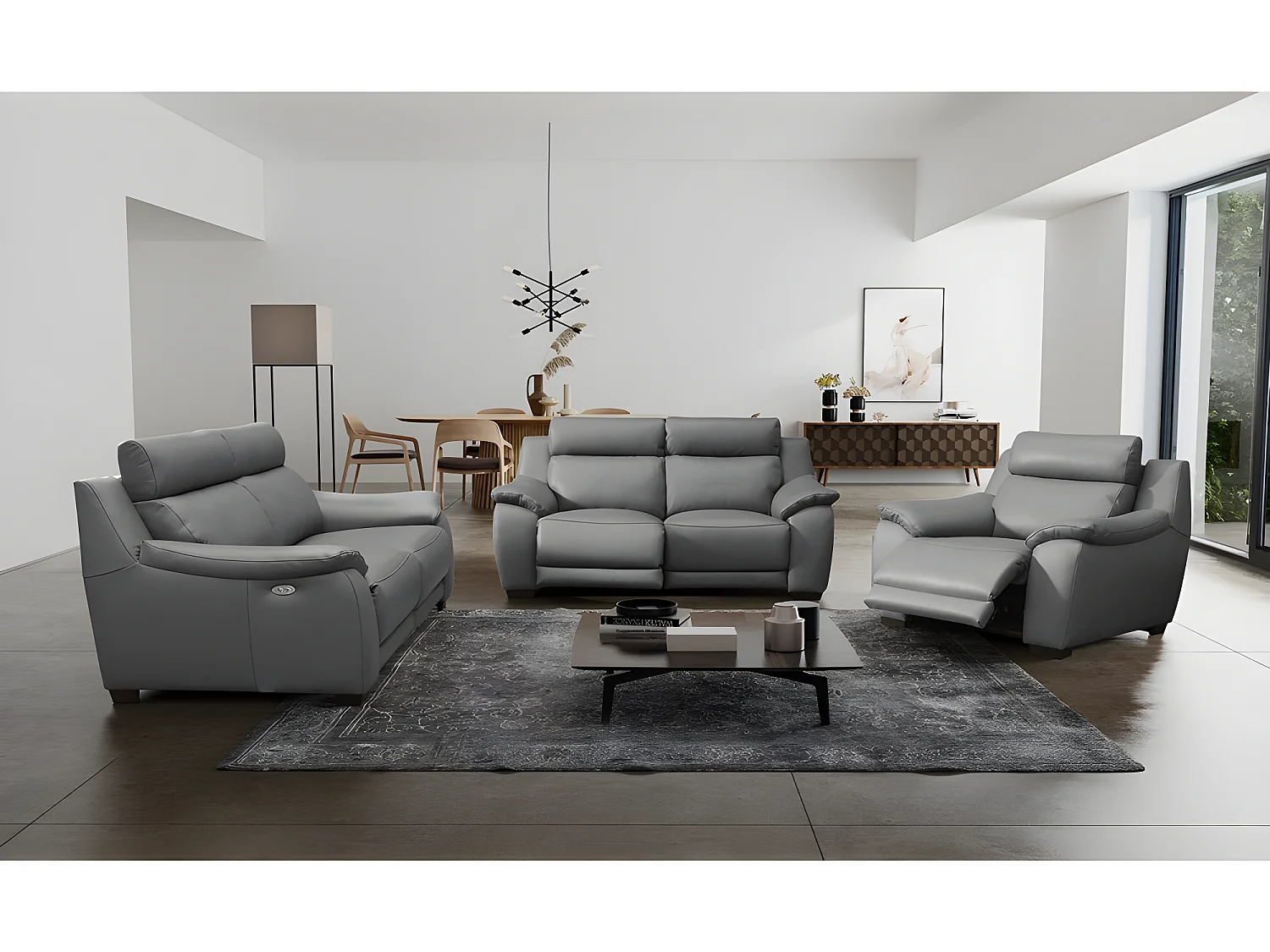 Canapé 3 places avec 2 relax en 100% tout cuir épais luxe italien  - 2 relax électriques,  gris foncé- BERN