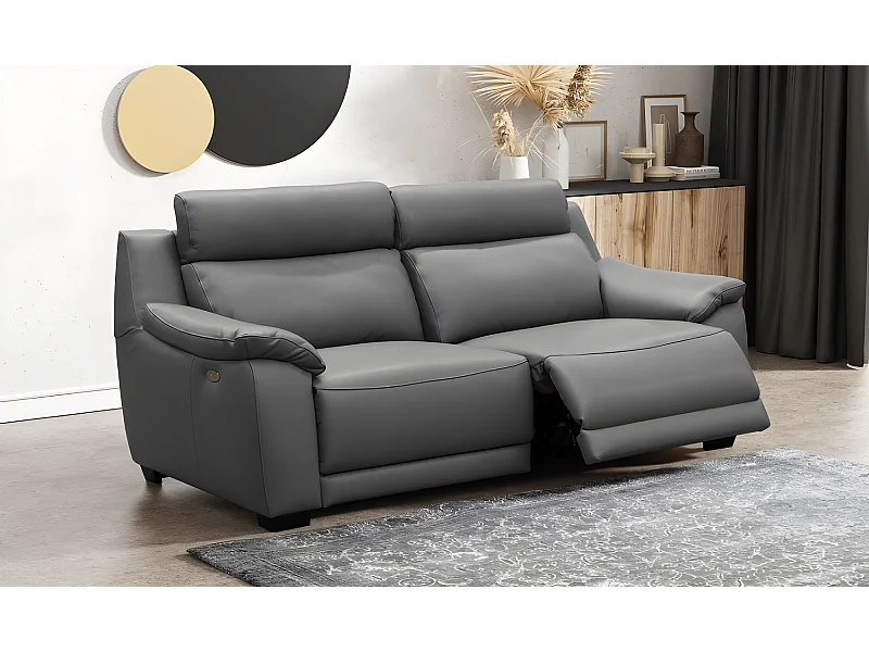 Canapé 3 places avec 2 relax en 100% tout cuir épais luxe italien  - 2 relax électriques,  gris foncé- BERN