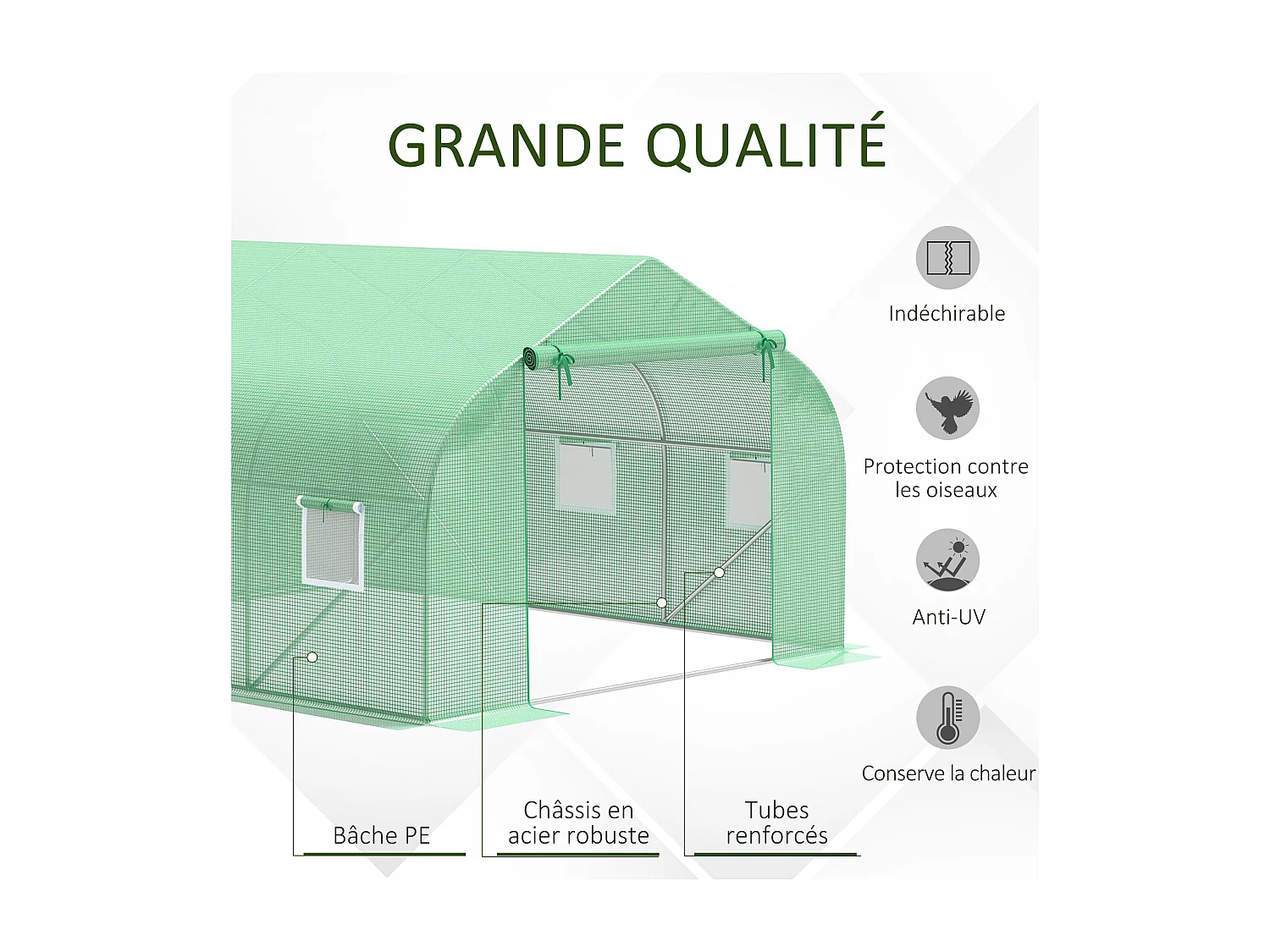 Serre tunnel de jardin 3,5 x 3 x 2 m grande taille 6 fenêtres vert