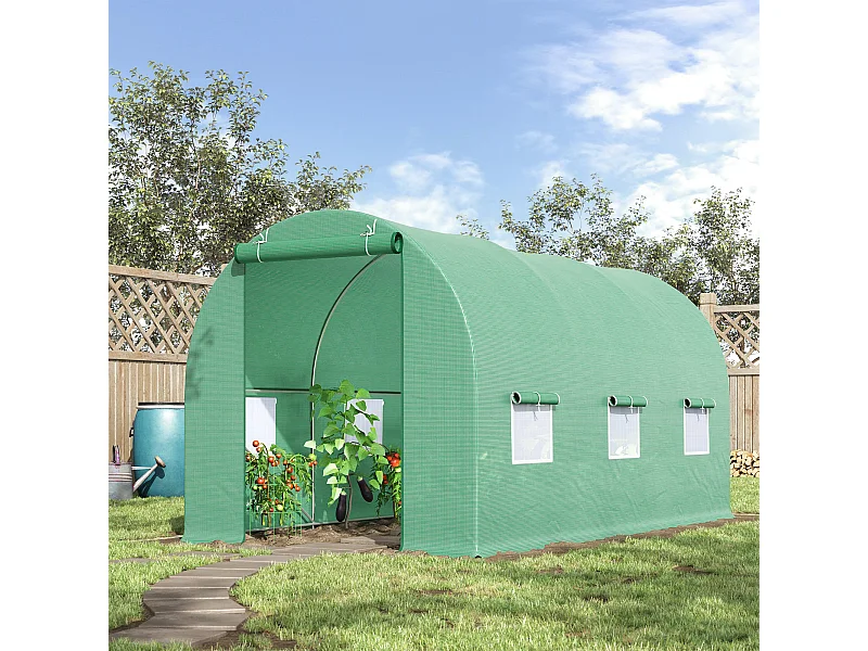 Serre de jardin tunnel 4,5L x 2l x 2H m châssis tubulaire acier galvanisé renforcé 1,8 cm 6 fenêtres 1 porte vert