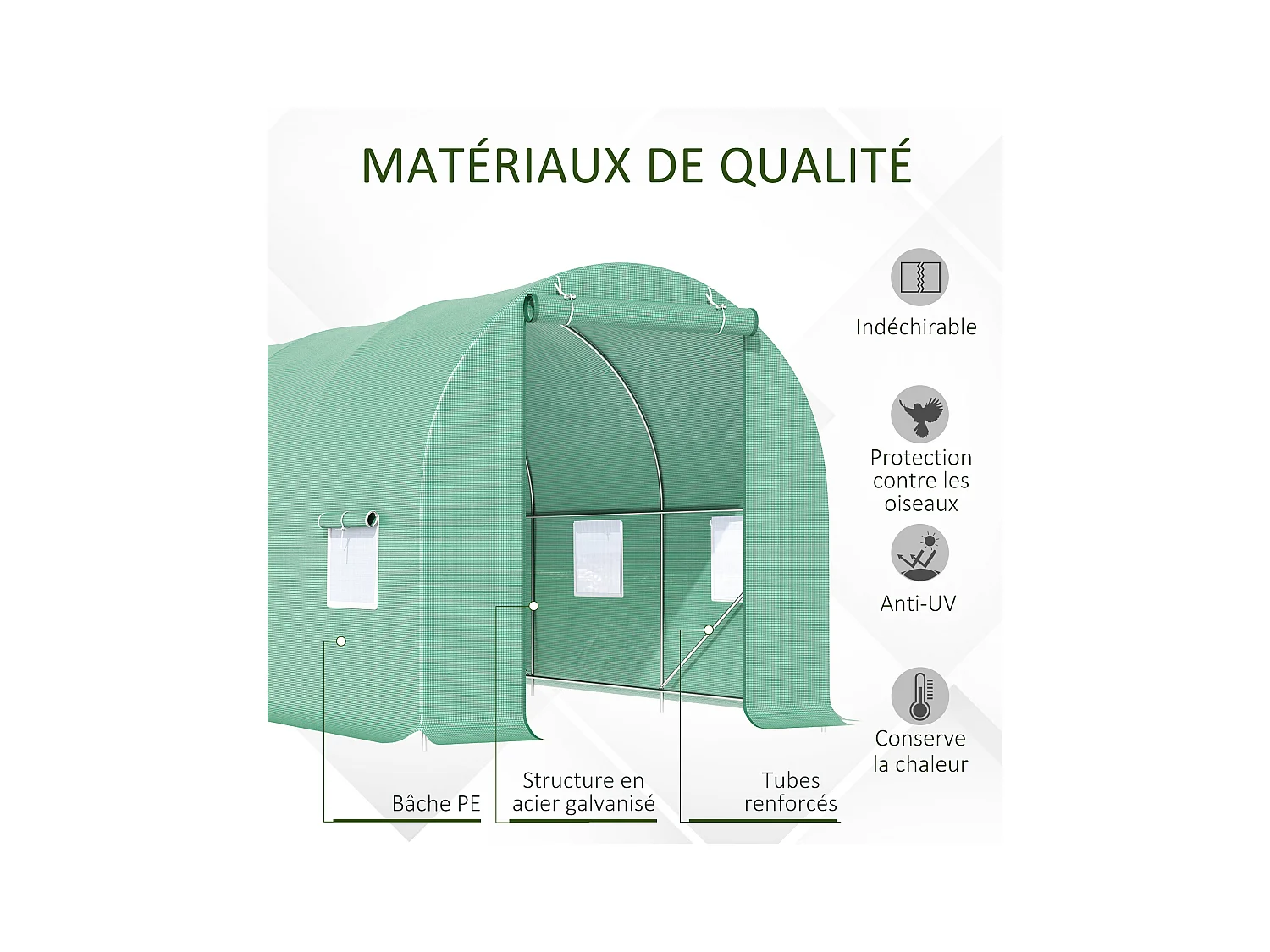 Serre de jardin tunnel 4,5L x 2l x 2H m châssis tubulaire acier galvanisé renforcé 1,8 cm 6 fenêtres 1 porte vert