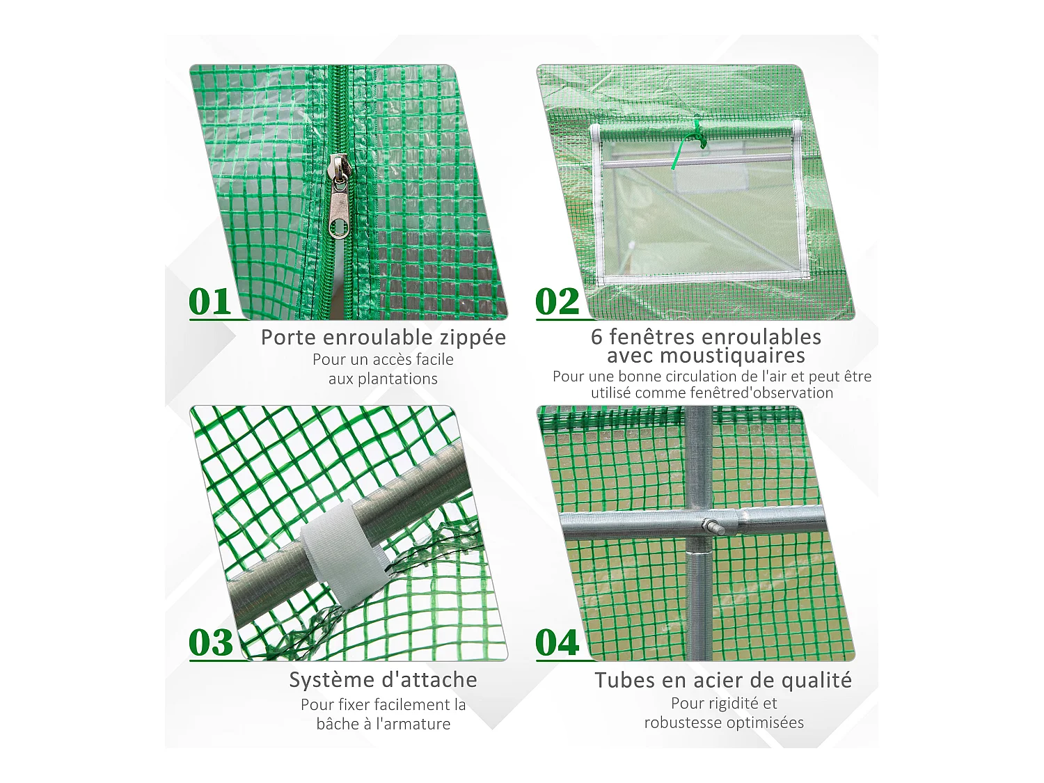 Serre de jardin tunnel 4,5L x 2l x 2H m châssis tubulaire acier galvanisé renforcé 1,8 cm 6 fenêtres 1 porte vert