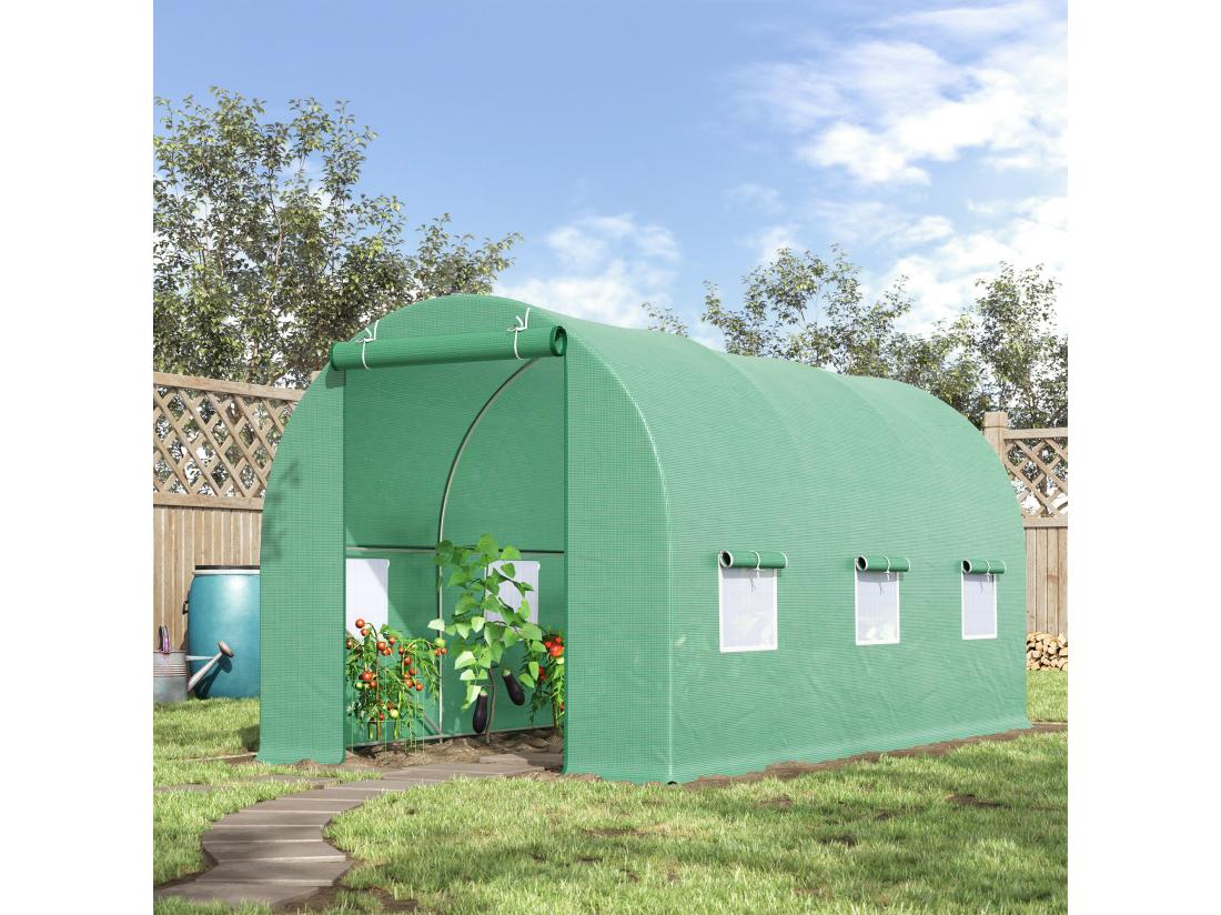vente unique Serre de jardin tunnel 4 5L x 2l x 2H m châssis tubulaire acier galvanisé renforcé 1 8 cm 6 fenêtres 1 porte vert