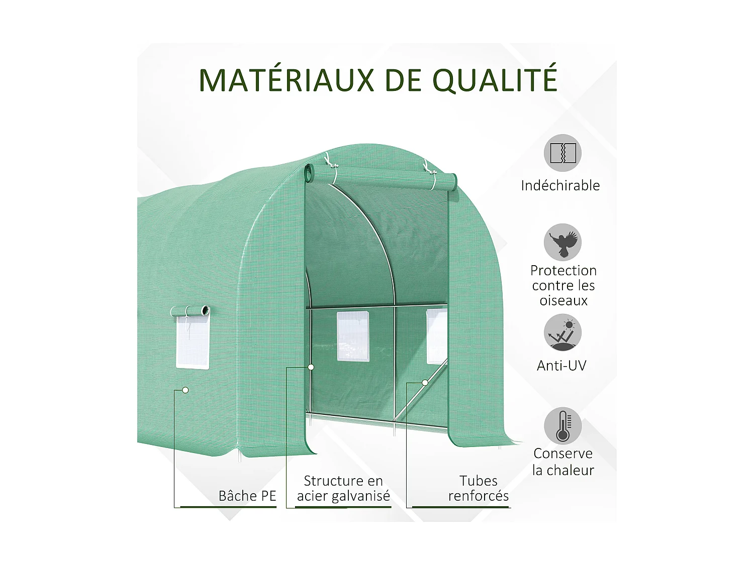 Serre de jardin tunnel 4,5L x 2l x 2H m châssis tubulaire acier galvanisé renforcé 1,8 cm 6 fenêtres 1 porte vert