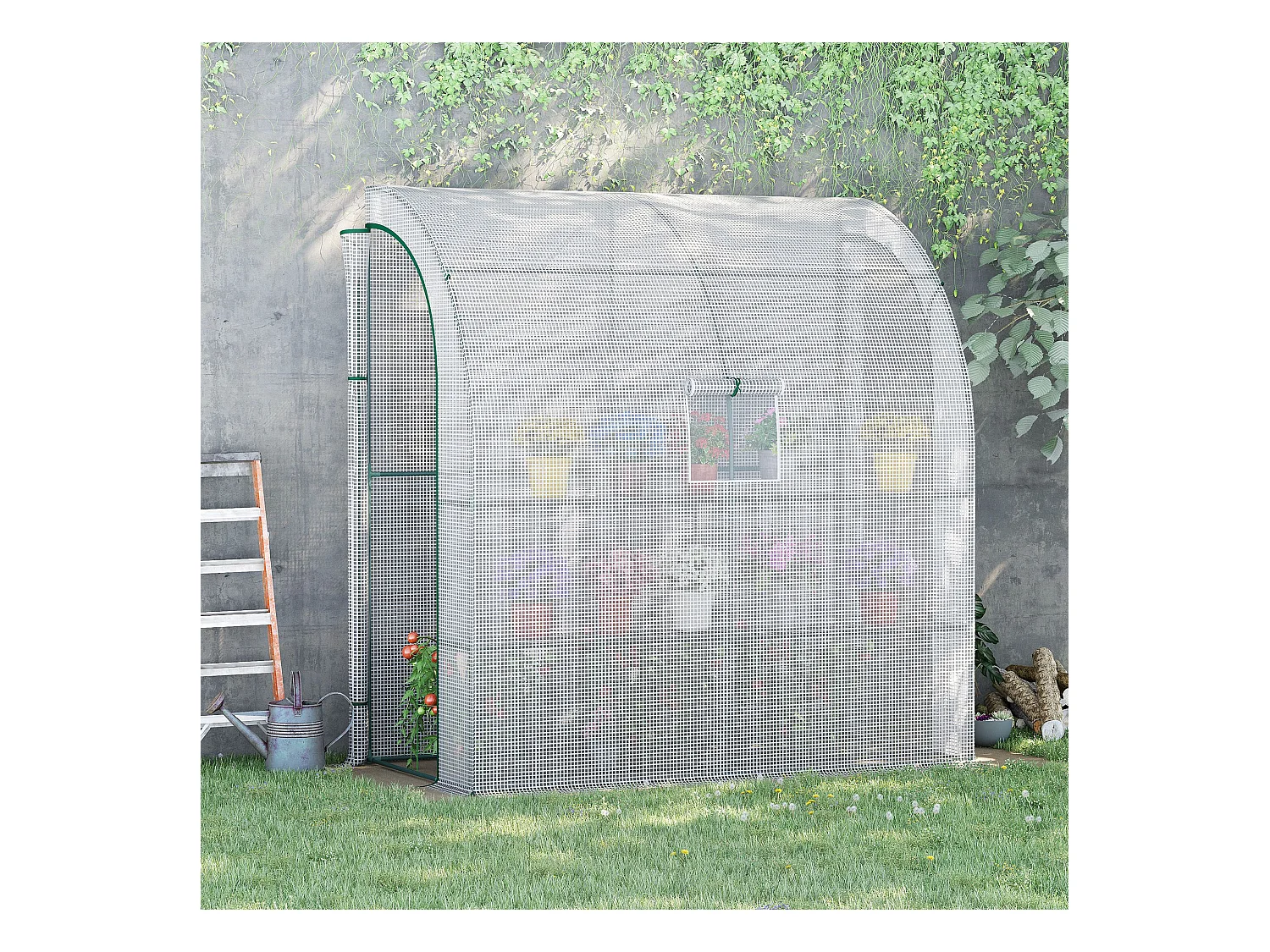 Serre de jardin adossée serre adossée dim. 2L x 1l x 2,13H m 4 étagères 2 portes zippées 1 fenêtre acier PE haute densité blanc