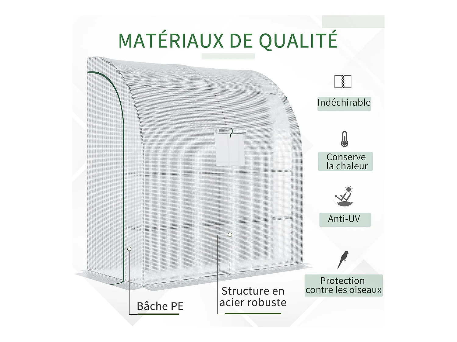 Serre de jardin adossée serre adossée dim. 2L x 1l x 2,13H m 4 étagères 2 portes zippées 1 fenêtre acier PE haute densité blanc