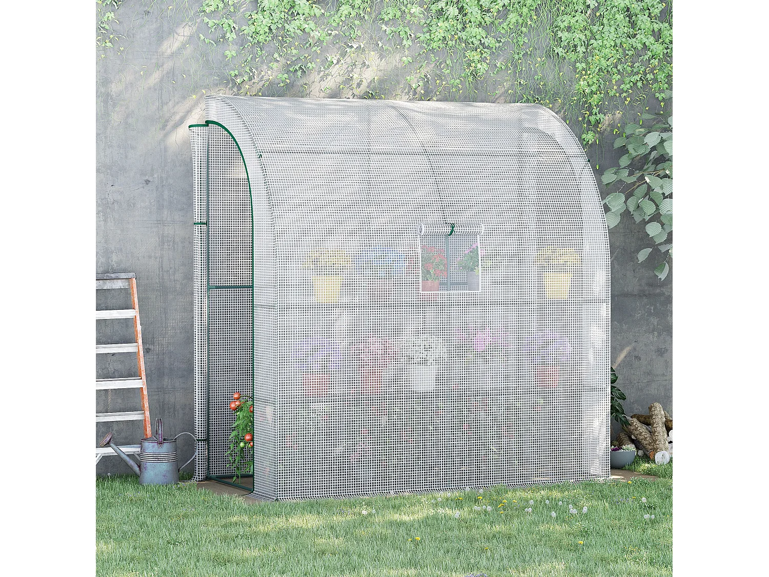 Serre de jardin adossée serre adossée dim. 2L x 1l x 2,13H m 4 étagères 2 portes zippées 1 fenêtre acier PE haute densité blanc